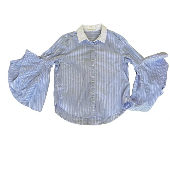 Jonathan Simkhai Blue White Ruffle sleeve Striped Oxford Button-down shirt M - Picture 2 of 9